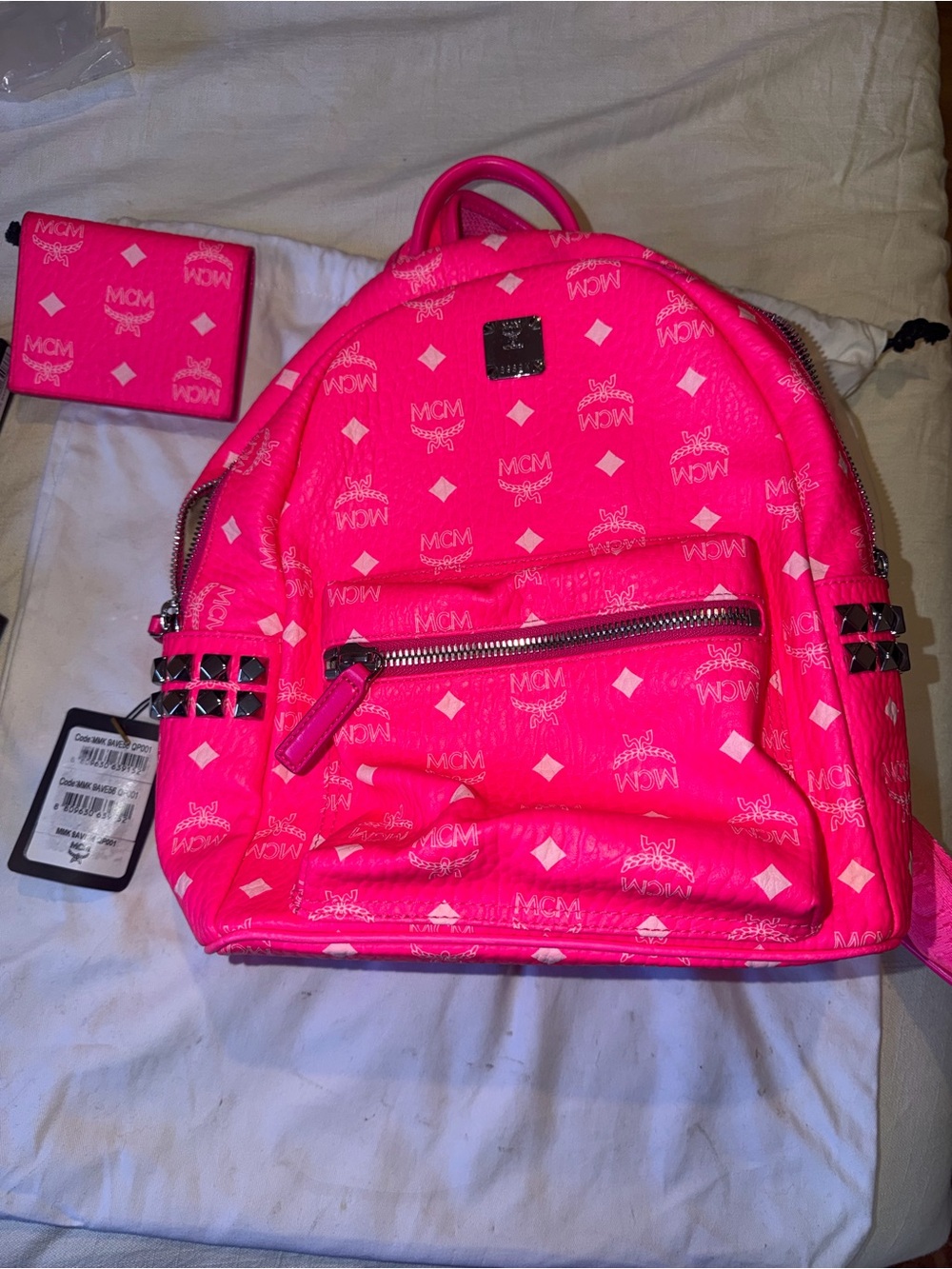 MCM Hot Pink Logo Backpack with Stud Details - Picture 2 of 8